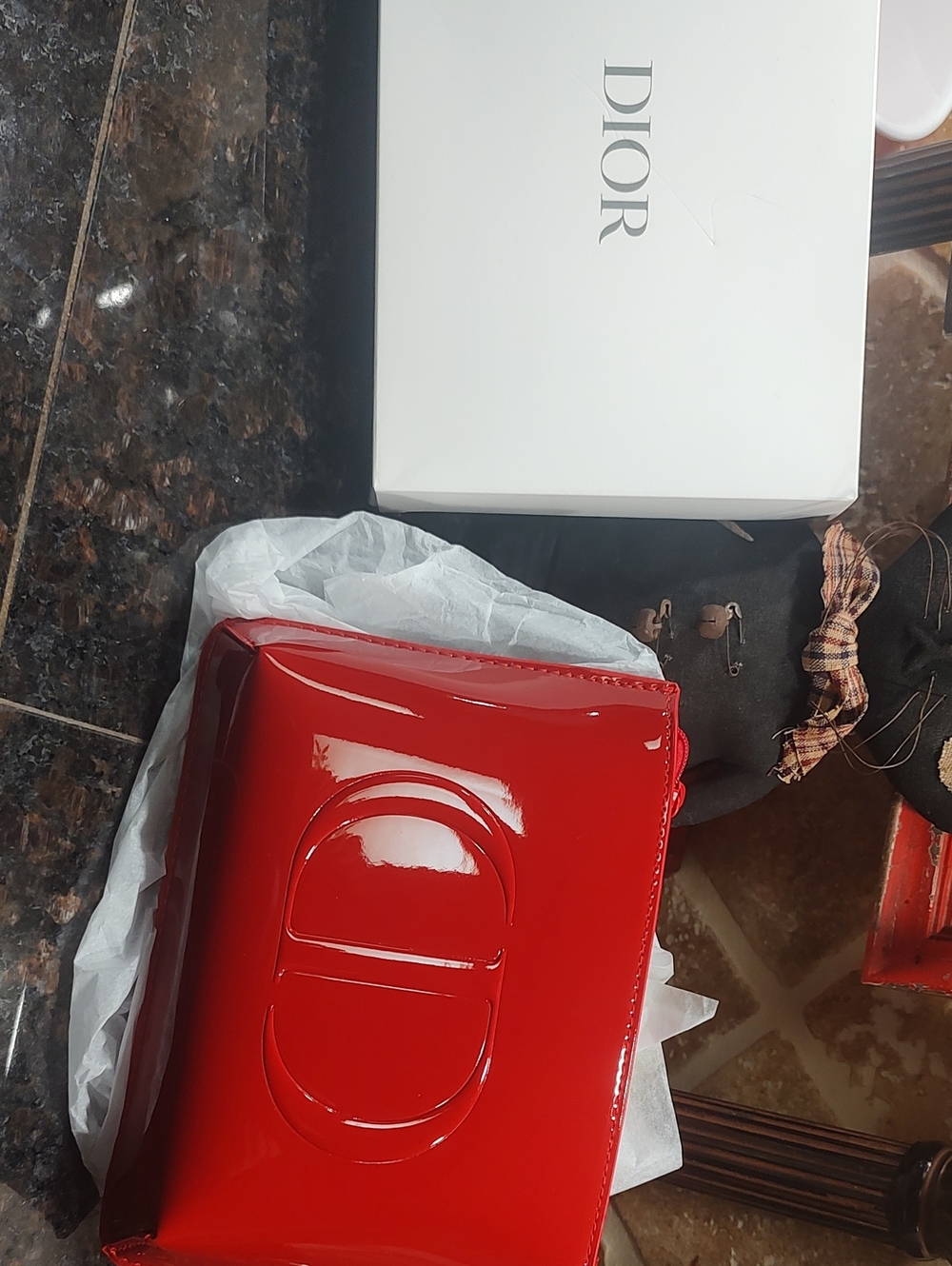 Dior Red Patent Leather Clutch with Embossed Logo